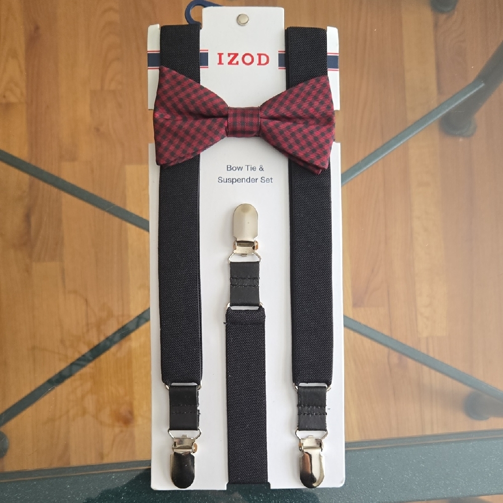 Izod Red  Plaid & Black Bow Tie & Suspender Set